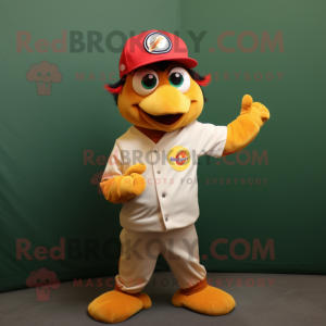 Olive Tandoori Chicken mascot costume character dressed with a Baseball Tee and Hat pins