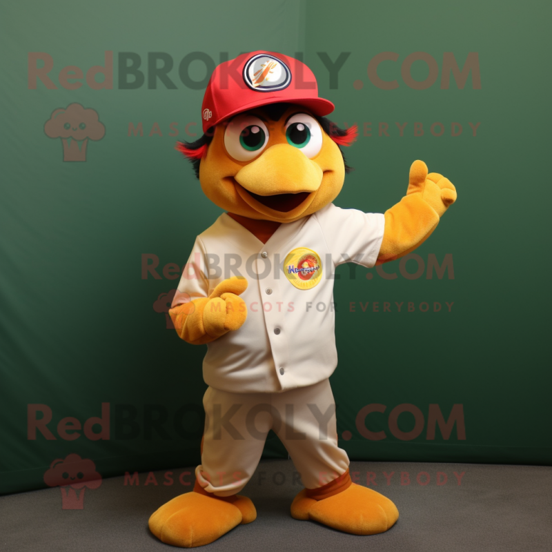 Olive Tandoori Chicken mascot costume character dressed with a Baseball Tee and Hat pins Olive Tandoori Chicken mascot costume character dressed with a Baseball Tee and Hat pins