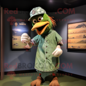 Olive Tandoori Chicken mascot costume character dressed with a Baseball Tee and Hat pins