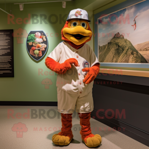 Olive Tandoori Chicken mascot costume character dressed with a Baseball Tee and Hat pins