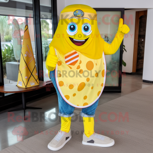 Lemon Yellow Pizza Slice mascot costume character dressed with a Flare Jeans and Bracelets