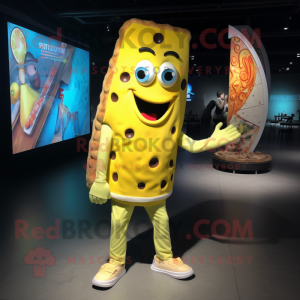 Lemon Yellow Pizza Slice mascot costume character dressed with a Flare Jeans and Bracelets