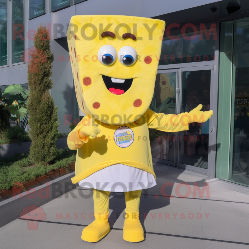 Lemon Yellow Pizza Slice mascot costume character dressed with a Flare Jeans and Bracelets Lemon Yellow Pizza Slice mascot costume character dressed with a Flare Jeans and Bracelets