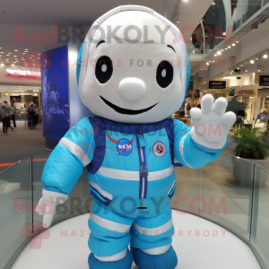 Sky Blue Astronaut mascot costume character dressed with a Windbreaker and Pocket squares