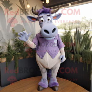 Lavender Zebu mascot costume character dressed with a Henley Tee and Cufflinks