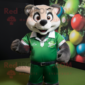 Green Ferret mascot costume character dressed with a Rugby Shirt and Bow ties