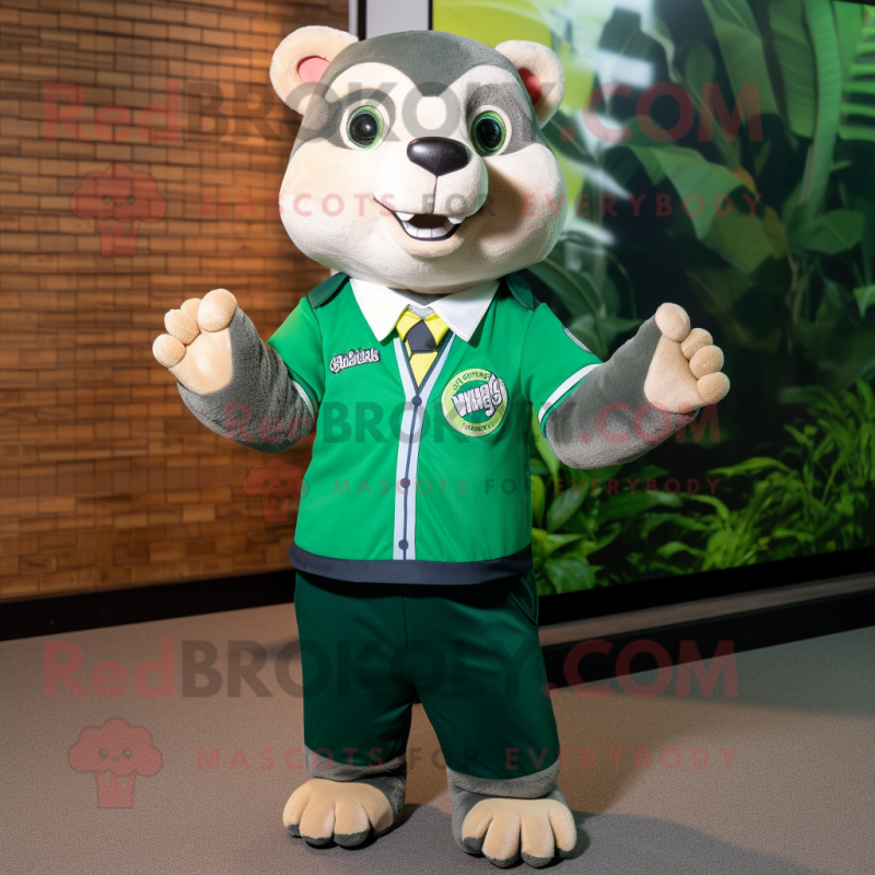 Green Ferret mascot costume character dressed with a Rugby Shirt and Bow ties