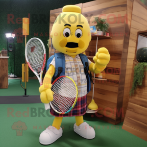 Yellow Tennis Racket mascot costume character dressed with a Flannel Shirt and Backpacks