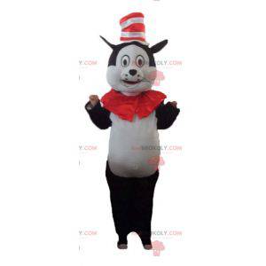 Mascotte de grand chat noir et blanc avec un chapeau -