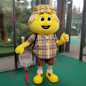 Yellow Tennis Racket mascot costume character dressed with a Flannel Shirt and Backpacks