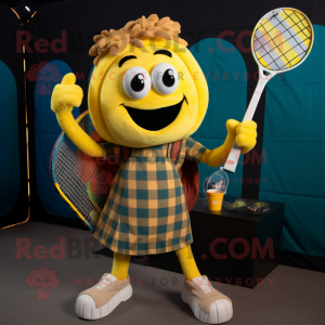 Yellow Tennis Racket mascot costume character dressed with a Flannel Shirt and Backpacks