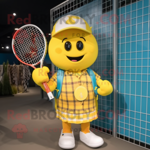Yellow Tennis Racket mascot costume character dressed with a Flannel Shirt and Backpacks
