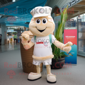 Cream Shrimp Scampi mascot costume character dressed with a T-Shirt and Messenger bags