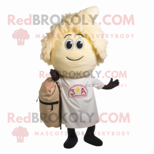 Cream Shrimp Scampi mascot costume character dressed with a T-Shirt and Messenger bags