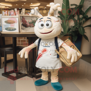 Cream Shrimp Scampi mascot costume character dressed with a T-Shirt and Messenger bags