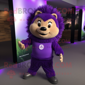 Purple Hedgehog mascot costume character dressed with a Turtleneck and Shoe clips