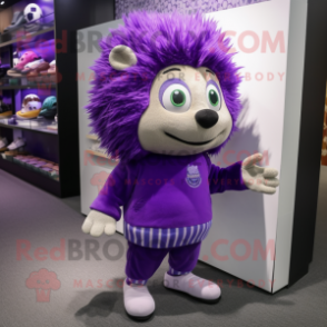 Purple Hedgehog mascot costume character dressed with a Turtleneck and Shoe clips