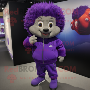 Purple Hedgehog mascot costume character dressed with a Turtleneck and Shoe clips