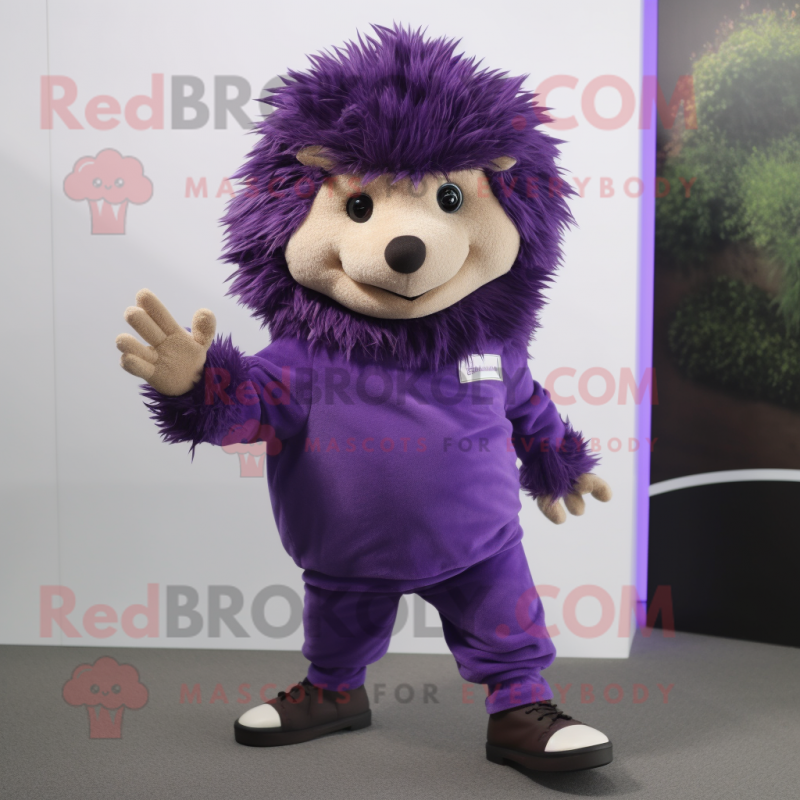 Purple Hedgehog mascot costume character dressed with a Turtleneck and Shoe clips Purple Hedgehog mascot costume character dressed with a Turtleneck and Shoe clips