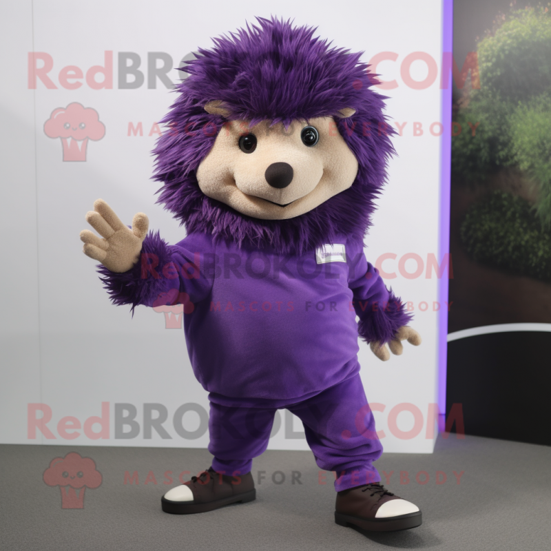 Purple Hedgehog mascot costume character dressed with a Turtleneck and Shoe clips