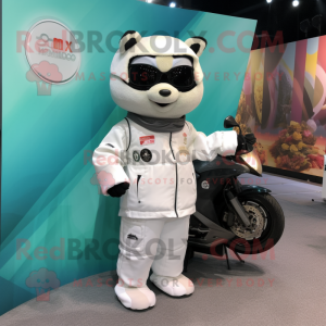 White Dim Sum mascot costume character dressed with a Moto Jacket and Pocket squares