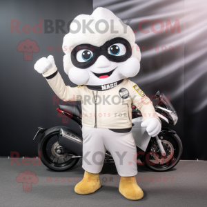 White Dim Sum mascot costume character dressed with a Moto Jacket and Pocket squares