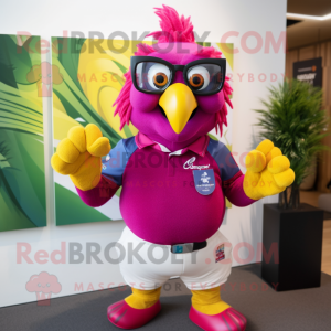 Magenta Canary mascot costume character dressed with a Rugby Shirt and Eyeglasses