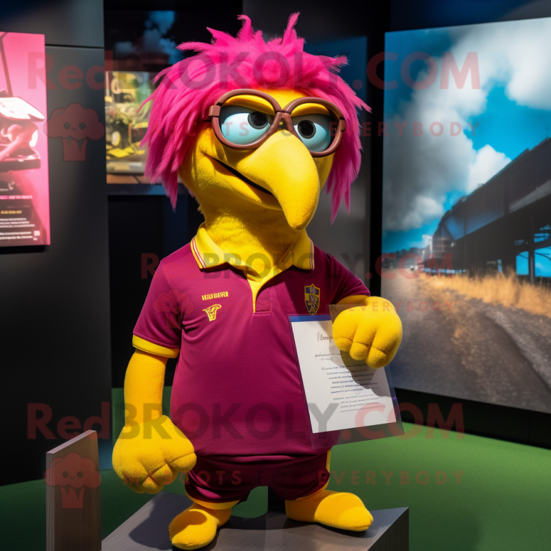 Magenta Canary mascot costume character dressed with a Rugby Shirt and Eyeglasses