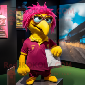 Magenta Canary mascot costume character dressed with a Rugby Shirt and Eyeglasses