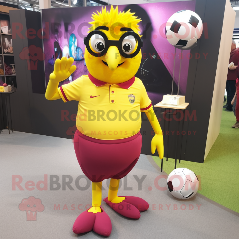 Magenta Canary mascot costume character dressed with a Rugby Shirt and Eyeglasses