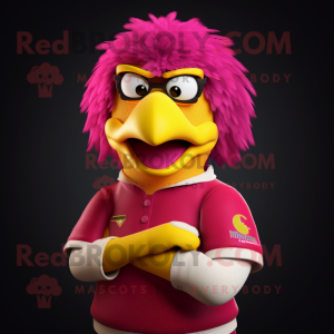 Magenta Canary mascot costume character dressed with a Rugby Shirt and Eyeglasses