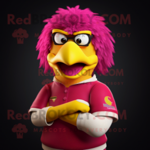 Magenta Canary mascot costume character dressed with a Rugby Shirt and Eyeglasses