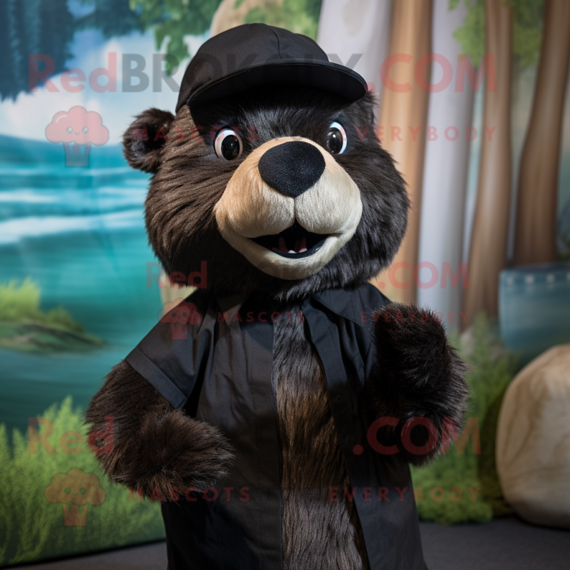 Black Beaver mascot costume character dressed with a Poplin Shirt and Beanies Black Beaver mascot costume character dressed with a Poplin Shirt and Beanies