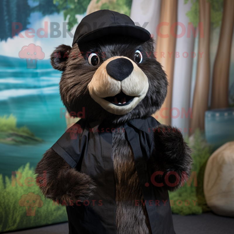 Black Beaver mascot costume character dressed with a Poplin Shirt and Beanies