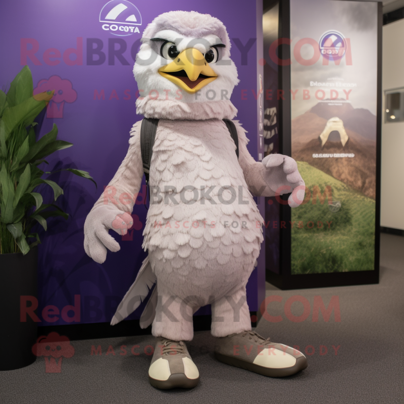 Lavender Falcon mascot costume character dressed with a Chinos and Foot pads