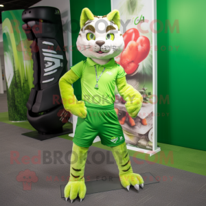 Lime Green Bobcat mascot costume character dressed with a Running Shorts and Keychains