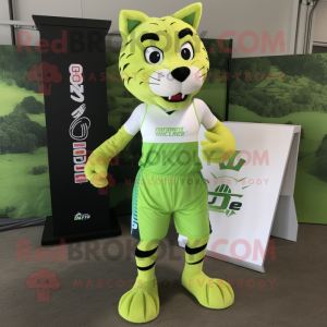 Lime Green Bobcat mascot costume character dressed with a Running Shorts and Keychains