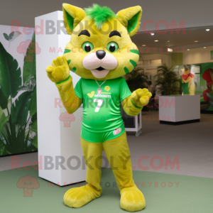 Lime Green Bobcat mascot costume character dressed with a Running Shorts and Keychains