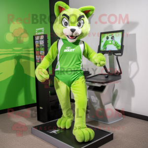 Lime Green Bobcat mascot costume character dressed with a Running Shorts and Keychains