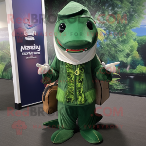 Forest Green Swordfish mascot costume character dressed with a Maxi Dress and Backpacks