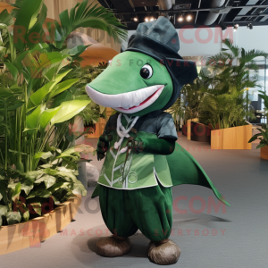 Forest Green Swordfish mascot costume character dressed with a Maxi Dress and Backpacks