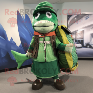 Forest Green Swordfish mascot costume character dressed with a Maxi Dress and Backpacks