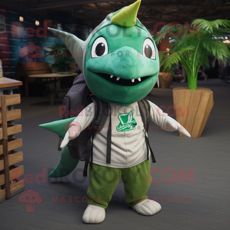 Forest Green Swordfish mascot costume character dressed with a Maxi Dress and Backpacks