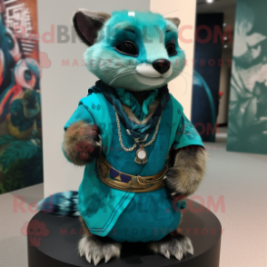 Turquoise Civet mascot costume character dressed with a Culottes and Shawl pins