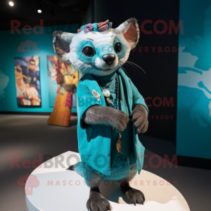 Turquoise Civet mascot costume character dressed with a Culottes and Shawl pins