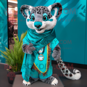 Turquoise Civet mascot costume character dressed with a Culottes and Shawl pins