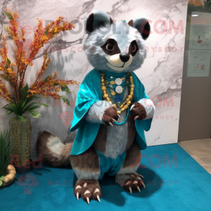 Turquoise Civet mascot costume character dressed with a Culottes and Shawl pins