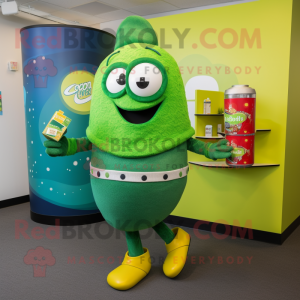Lime Green Soda Can mascot costume character dressed with a Sweater and Coin purses