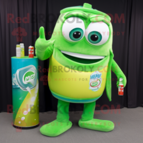 Lime Green Soda Can mascot costume character dressed with a Sweater and Coin purses