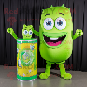 Lime Green Soda Can mascot costume character dressed with a Sweater and Coin purses